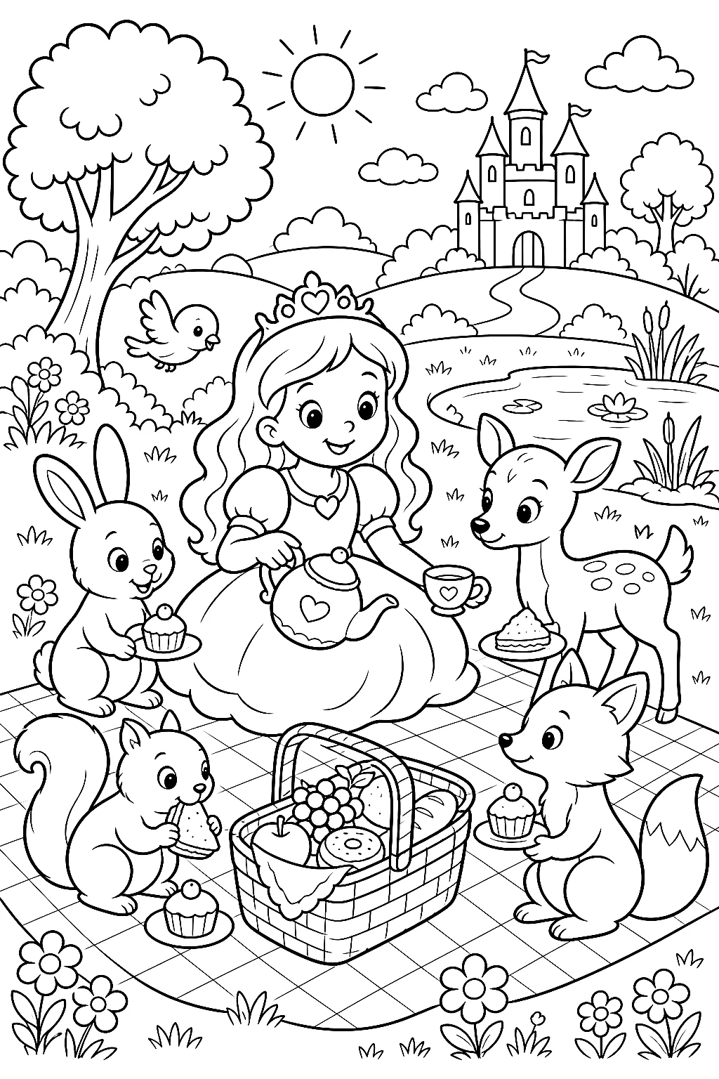 Prinzessin sitzt beim Picknick mit Tieren