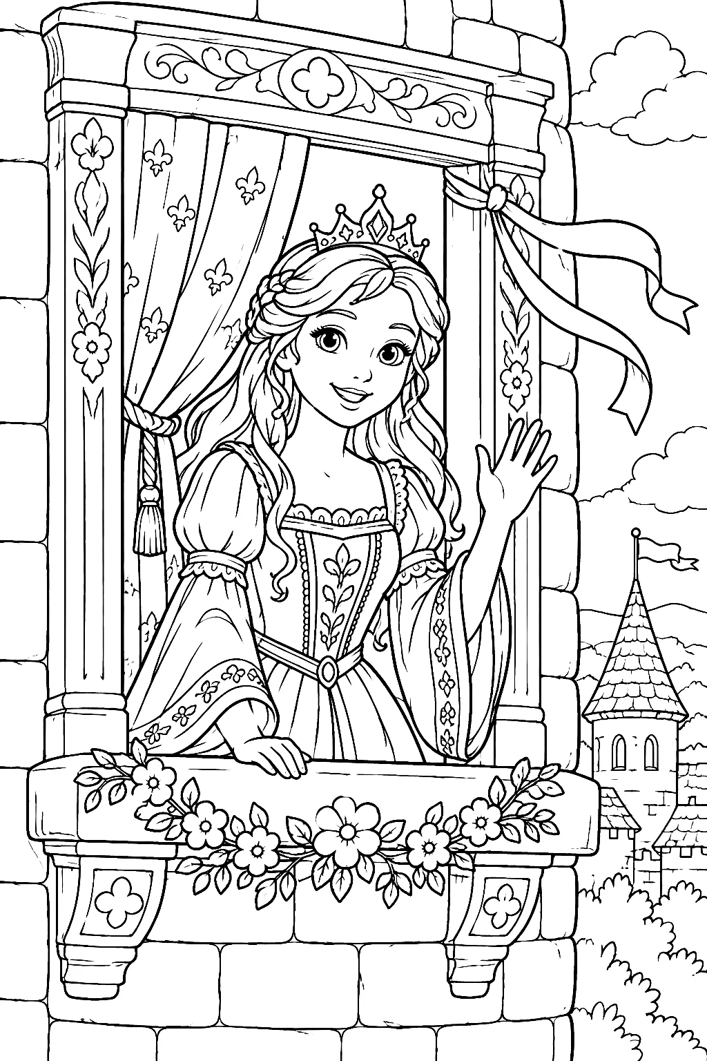 Prinzessin winkt aus detailreichem Turmfenster mit Vorhang