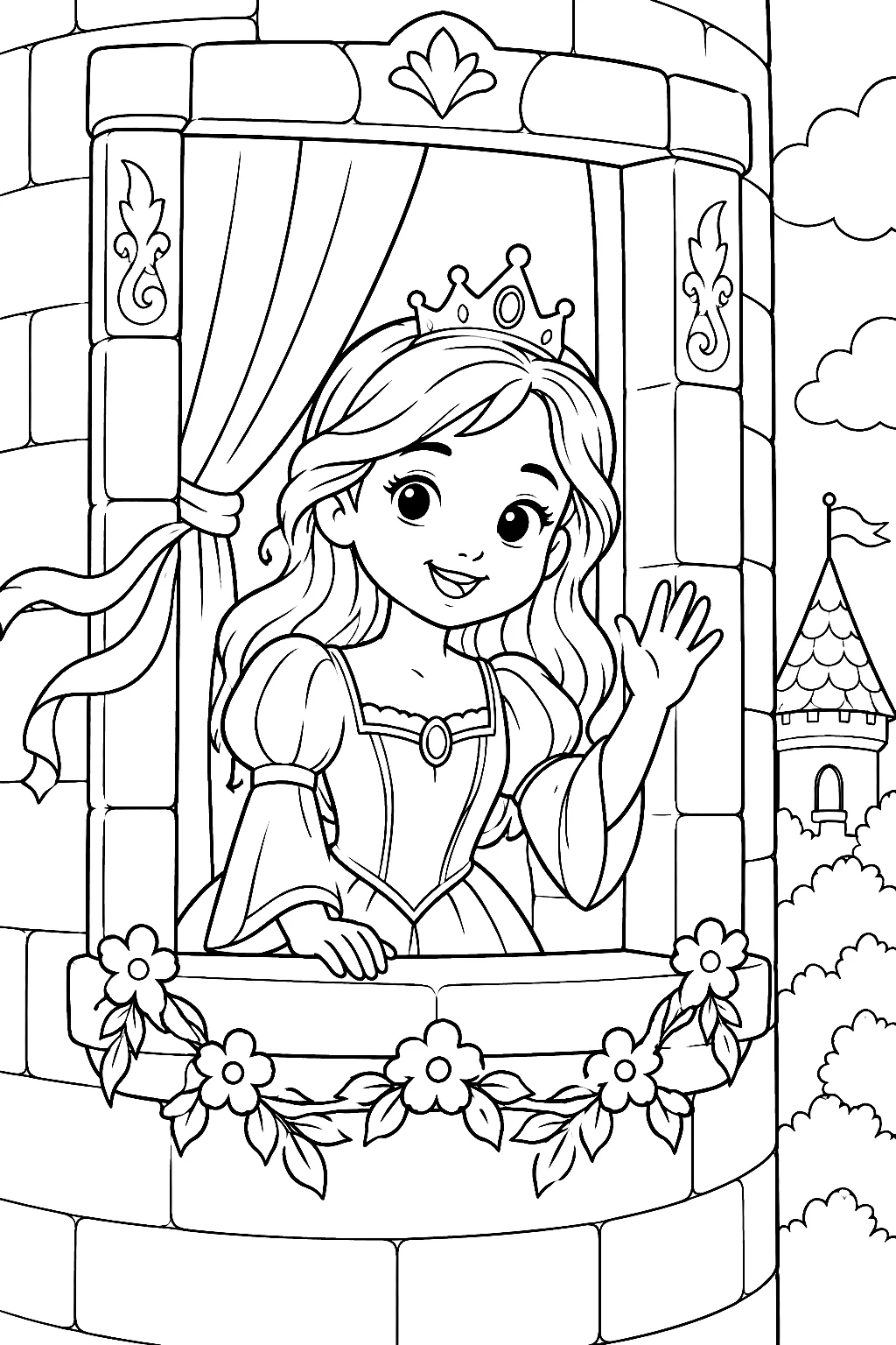 Prinzessin winkt aus verziertem Turmfenster