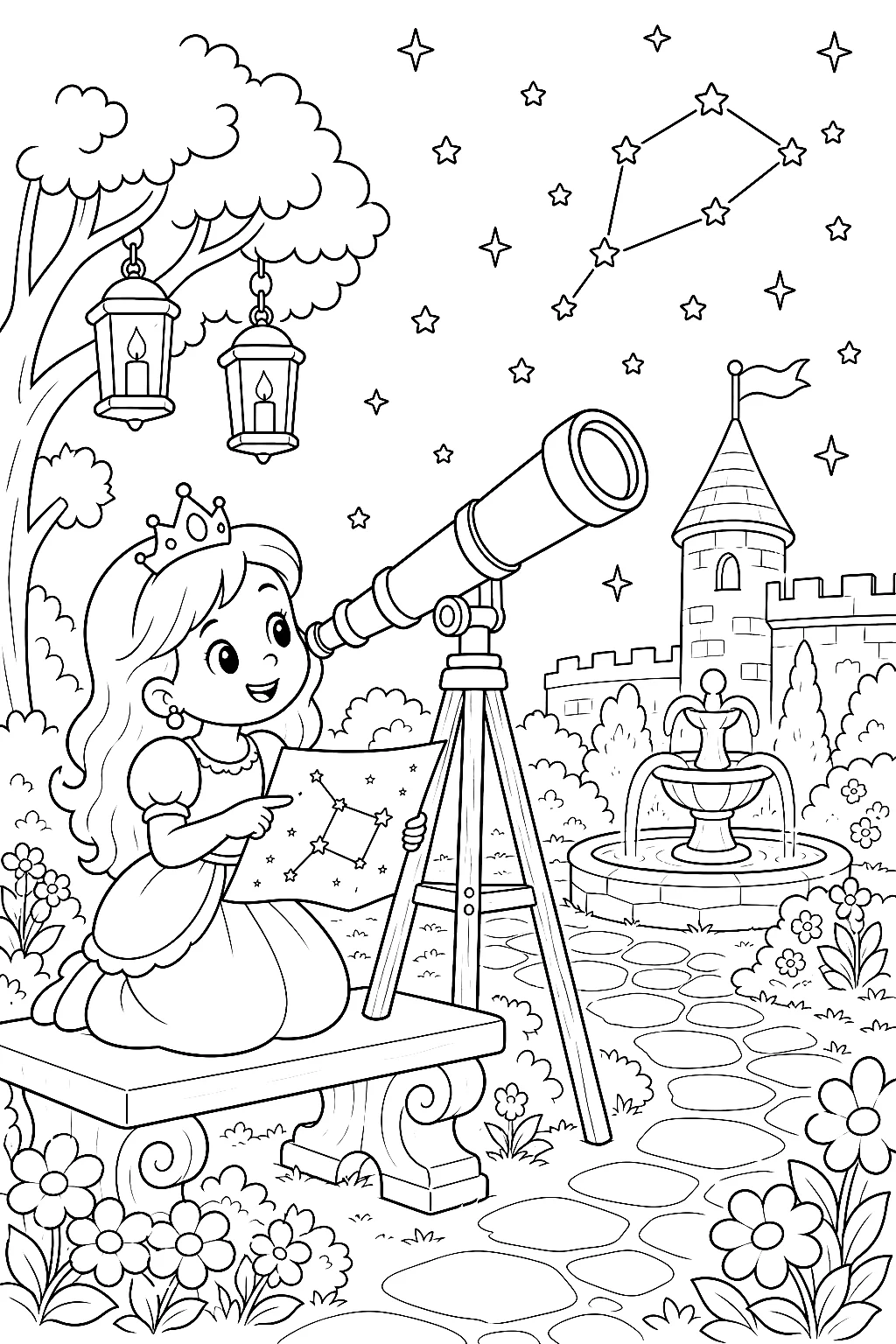 Prinzessin mit Teleskop im Schlossgarten
