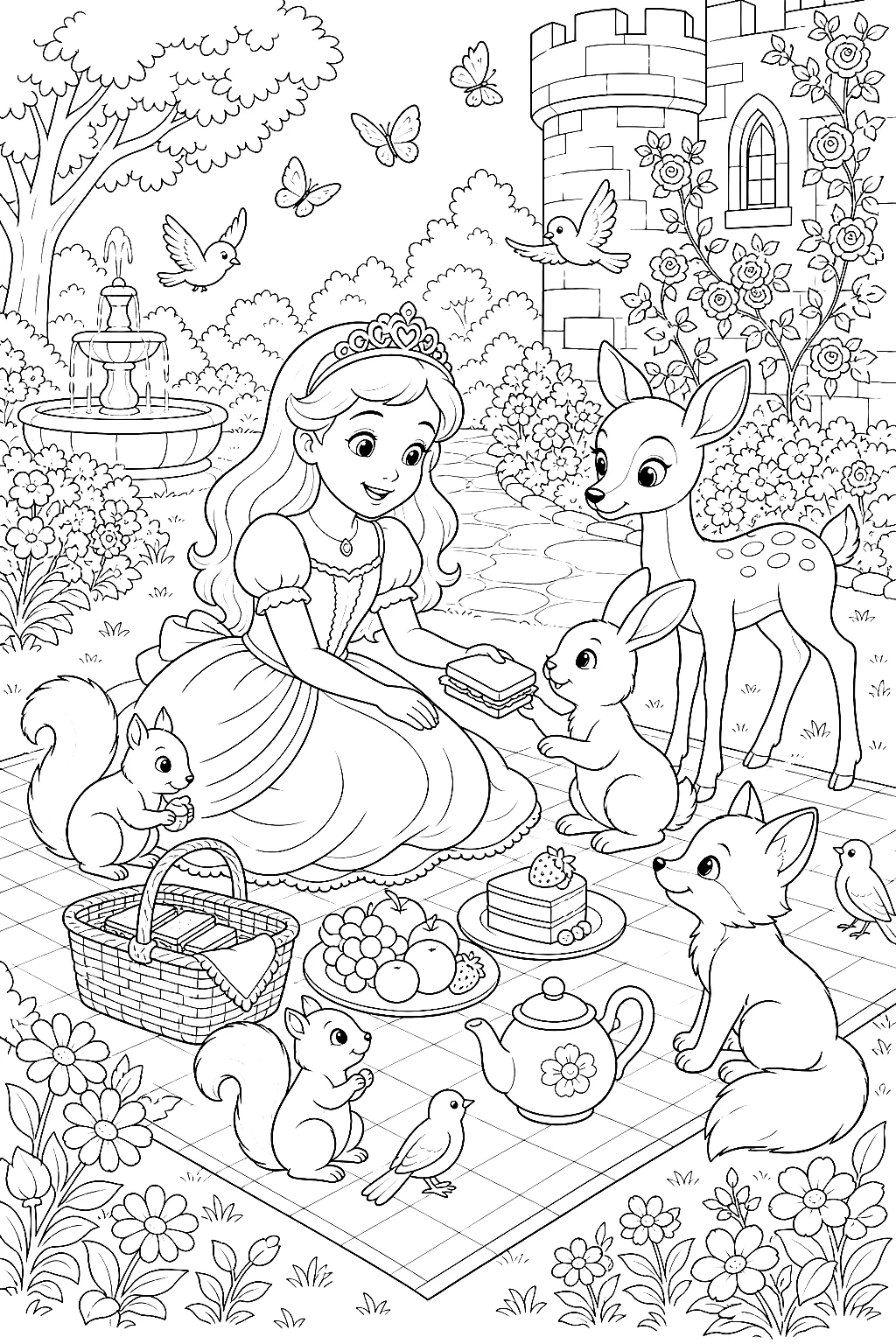 Prinzessin teilt Picknick mit fröhlichen Waldtieren
