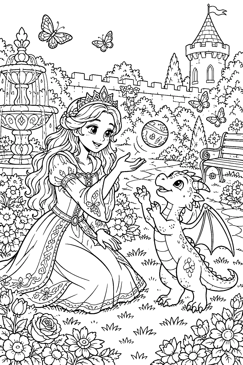 Prinzessin füttert kleinen Drachen zwischen Blumenbeeten