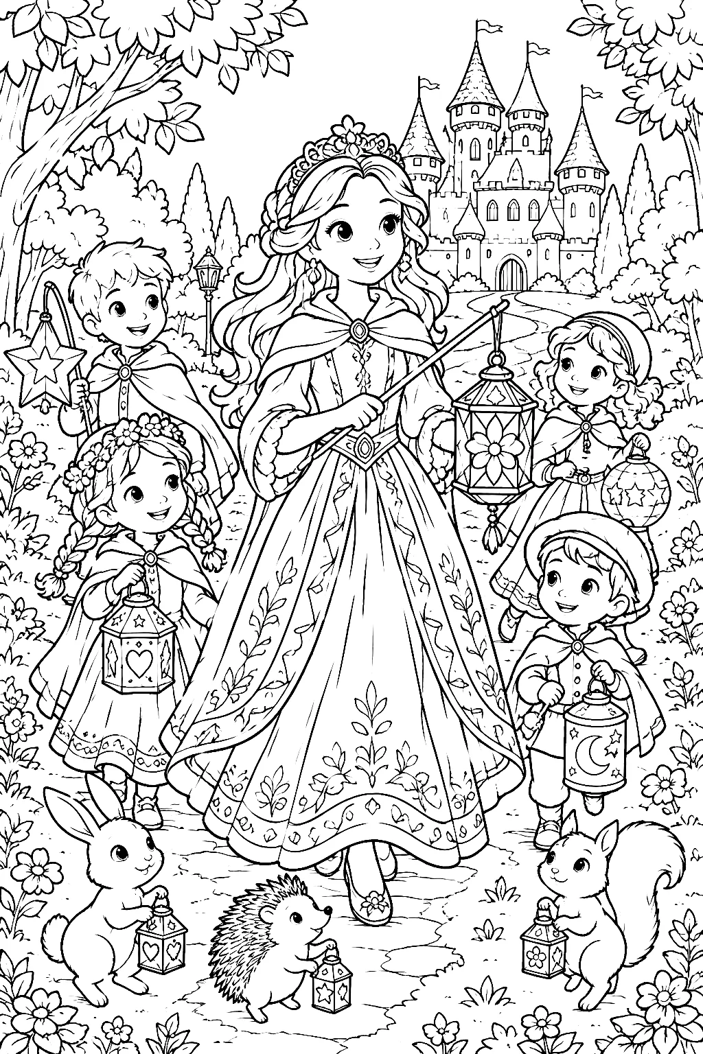Prinzessin leitet detailreichen Laternenumzug mit Kindern und Tieren