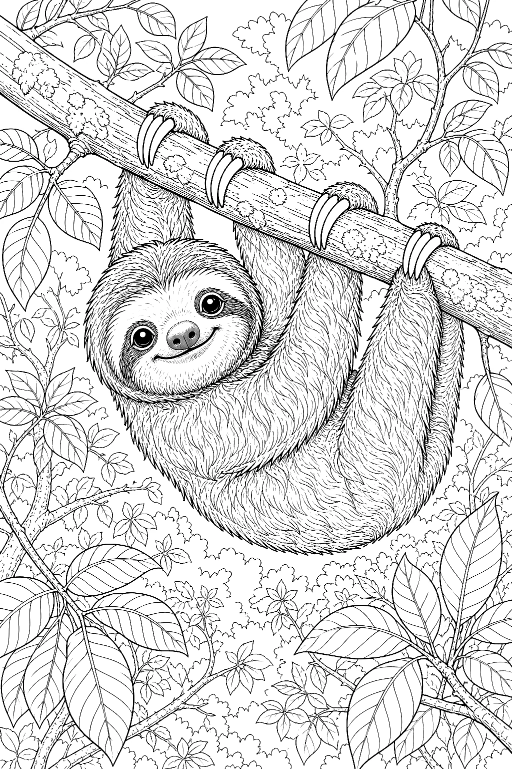 Faultierbaby zwischen Zweigen und Blättern lächelnd