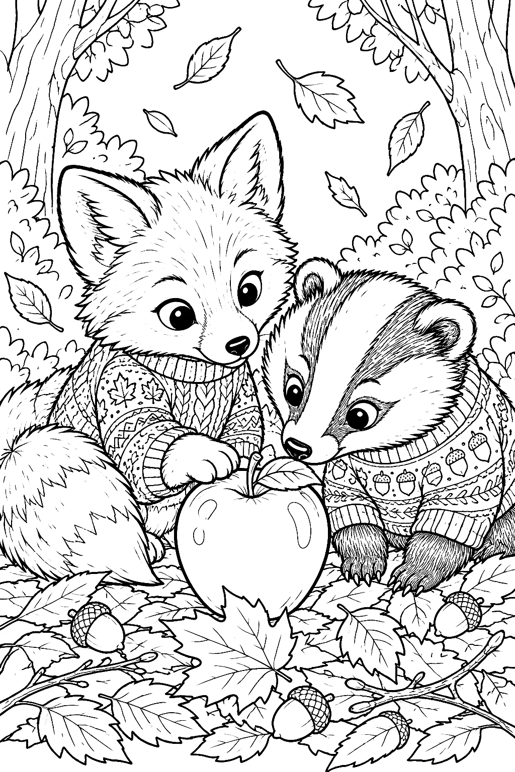 Fuchs- und Dachsjunges mit glänzendem Apfel im Laub