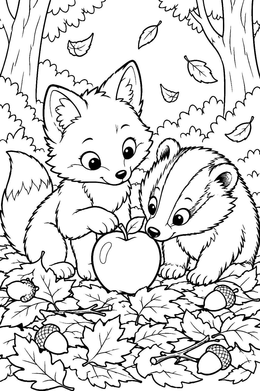 Neugieriges Fuchsbaby und Dachs teilen Apfel