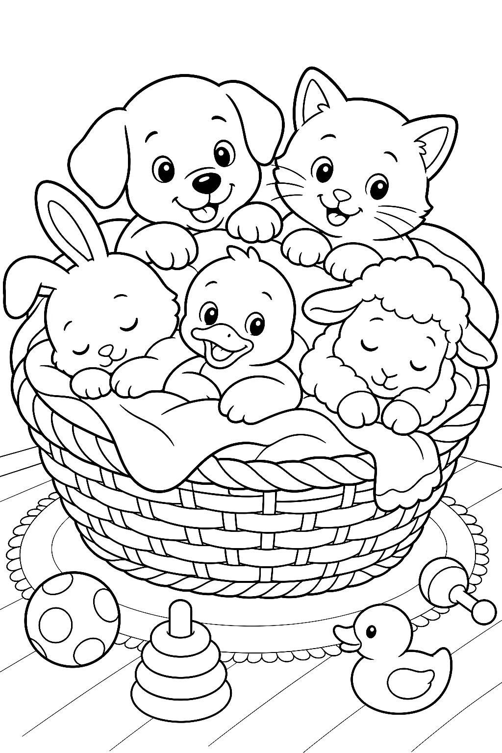 Drei Tierbabys kuscheln im weichen Korb