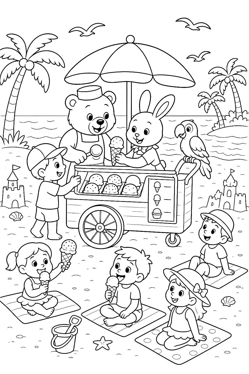 Tiere am Eiswagen am Strand