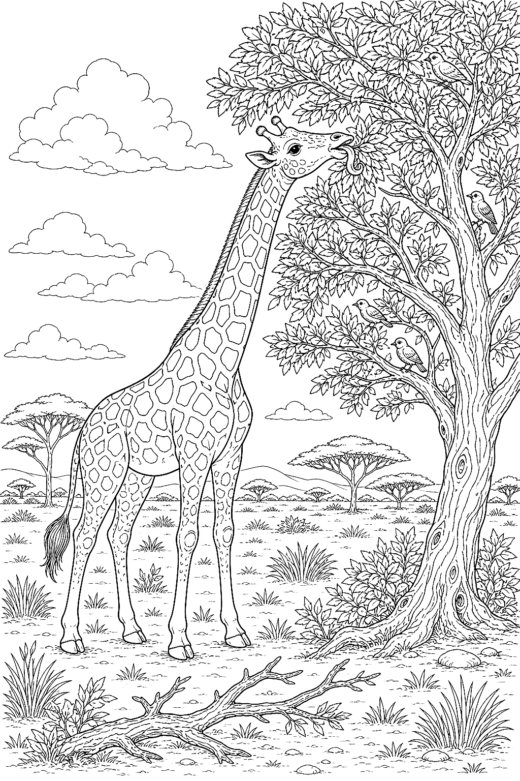 Giraffe knabbert Blätter in hoher Baumkrone