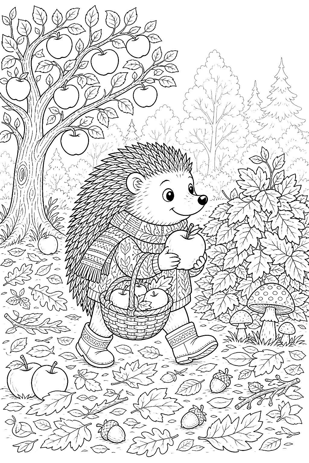 Detailreicher Igel sammelt viele Äpfel und Blätter