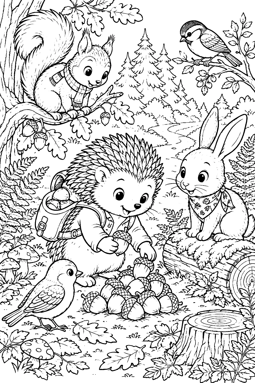 Igel mit prall gefülltem Rucksack und Freunden