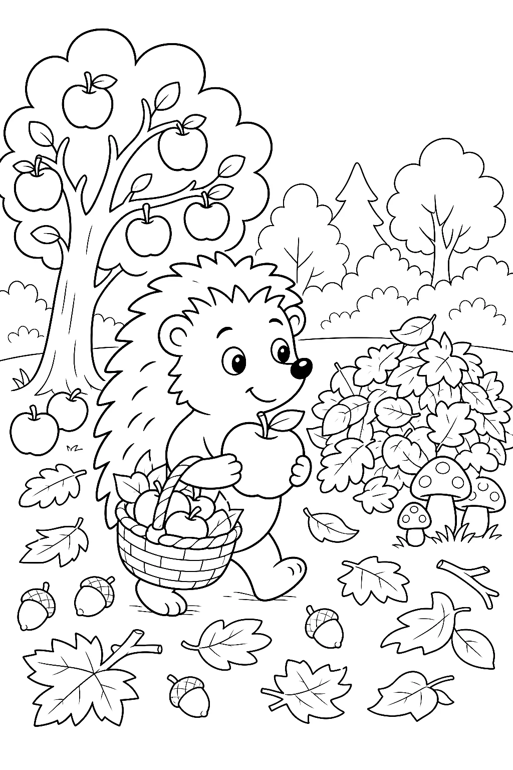 Igel sammelt Äpfel im Herbstgarten