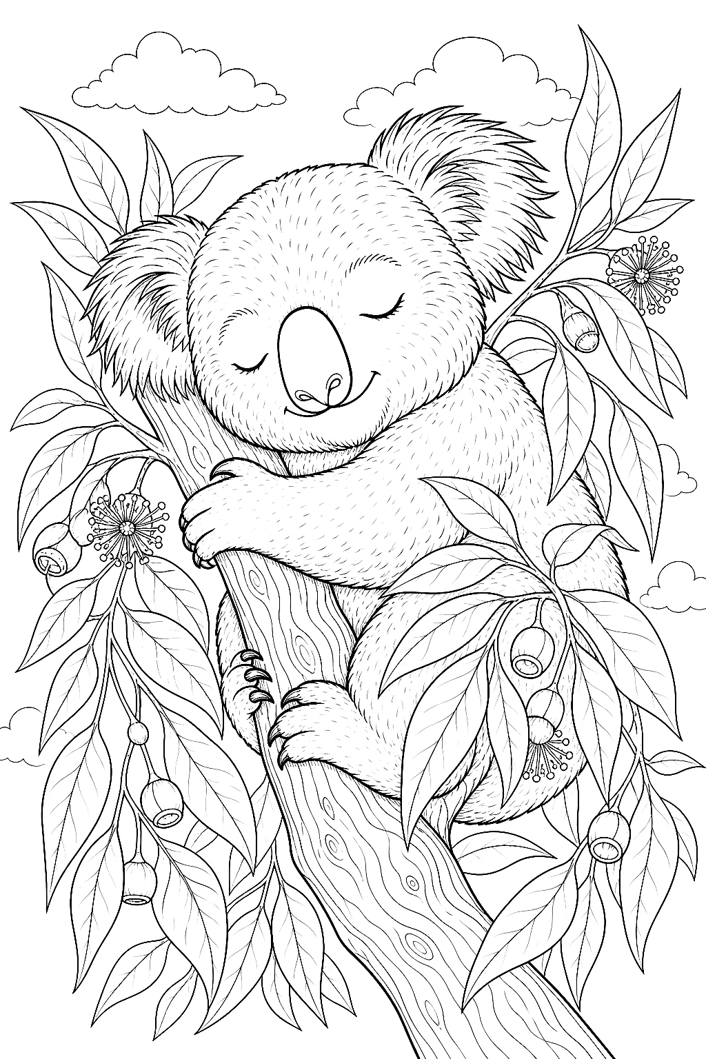 Traumender Koala umarmt Eukalyptusast mit Blättern