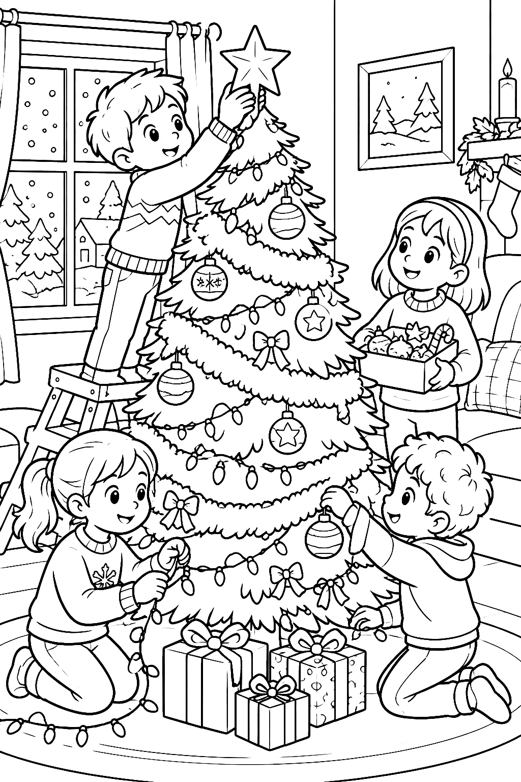 Kinder hängen Lichter und Schmuck an Baum