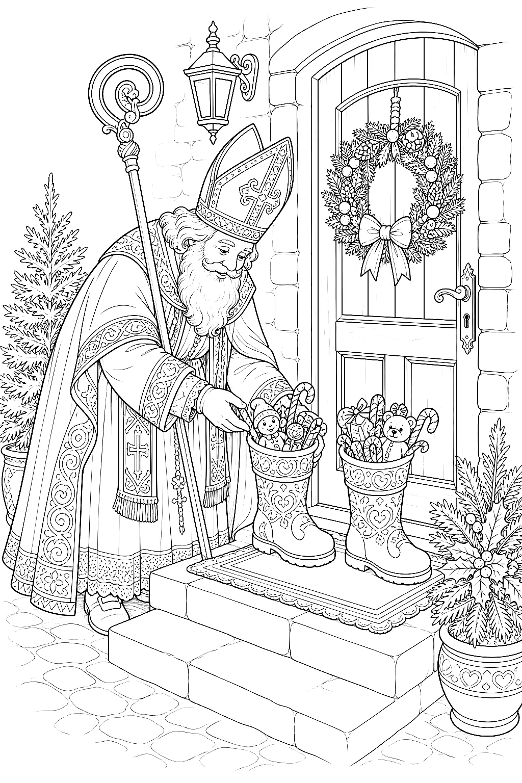 Nikolaus ordnet detailreich gefüllte Stiefel an der Tür