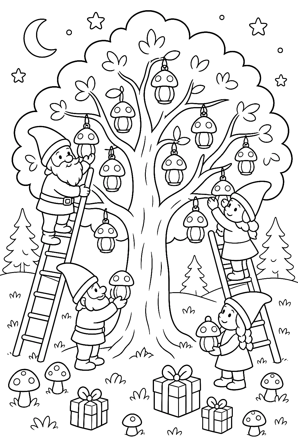 Wichtel klettern auf Leitern am Baum