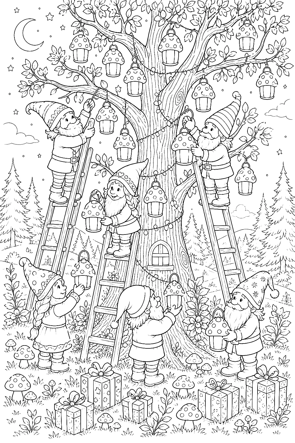 Wichtel, Leitern und viele Pilz-Laternen am Baum