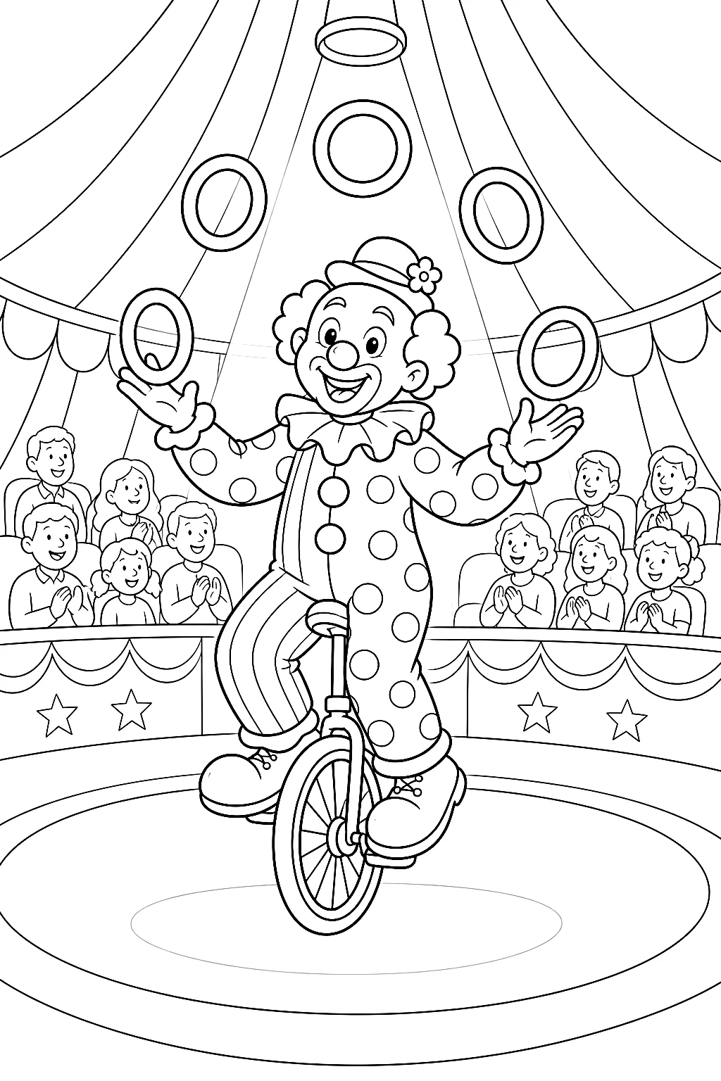 Clown auf Einrad jongliert mit Ringen